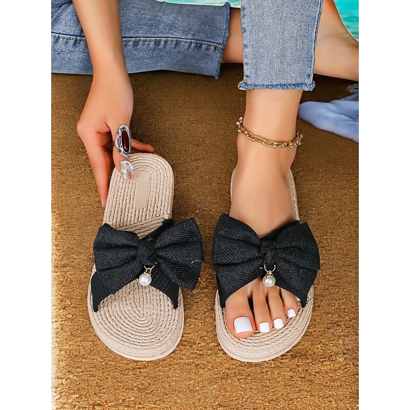 Women's Black Bowknot Espadrille Flat Sandals with Pearl Detail - Stylish Summer Slip-Ons for Casual Outings and Beachwear3
