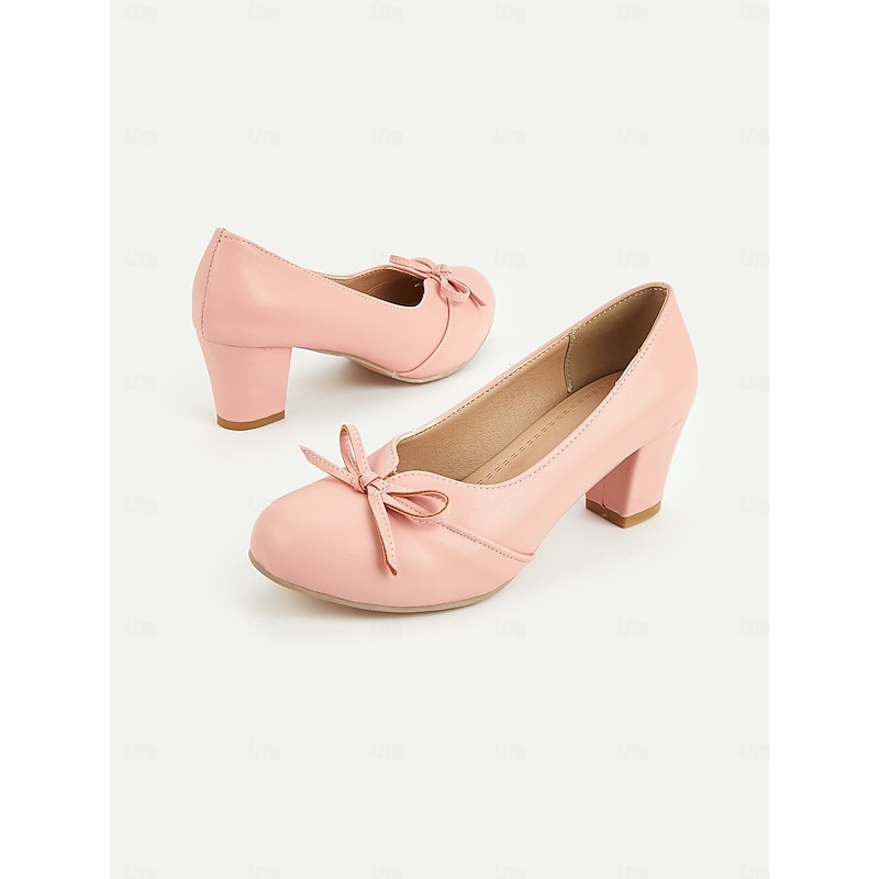 Women's Heels Retro Work Daily Bowknot Chunky Heel Round Toe Elegant Vintage Cute PU Loafer Almond Black White4
