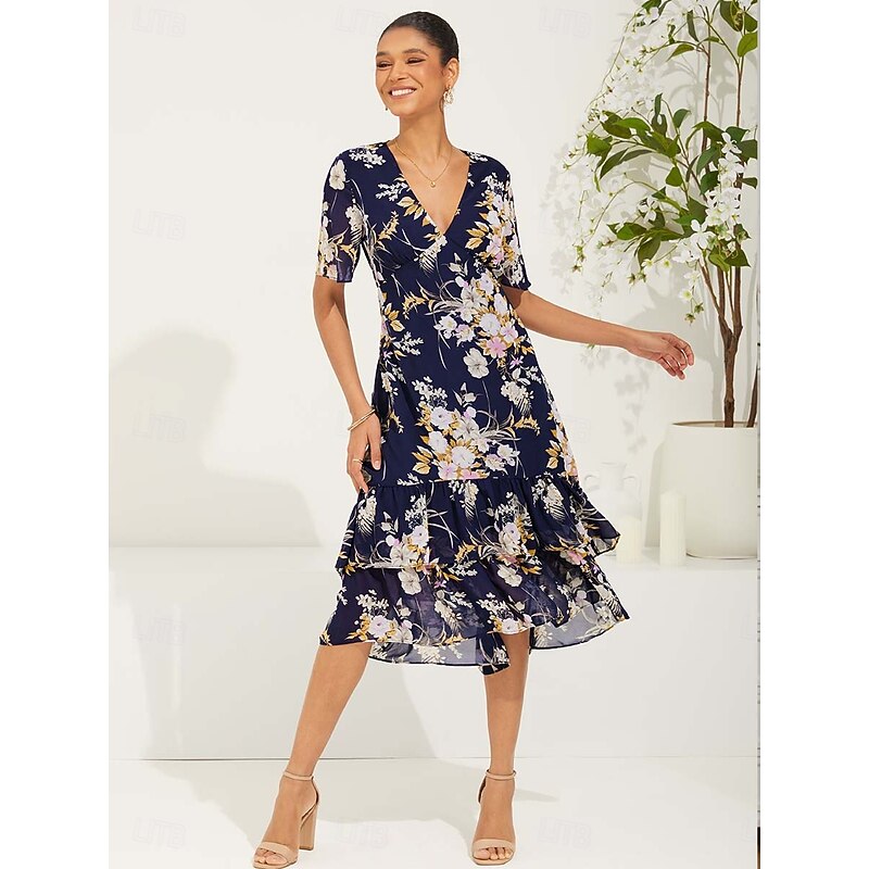 Women's Tea Length Chiffon Dress Elegant Flared Sleeve Vacation Daily Date Regular Fit Floral Short Sleeve V Neck Dark Blue Summer3