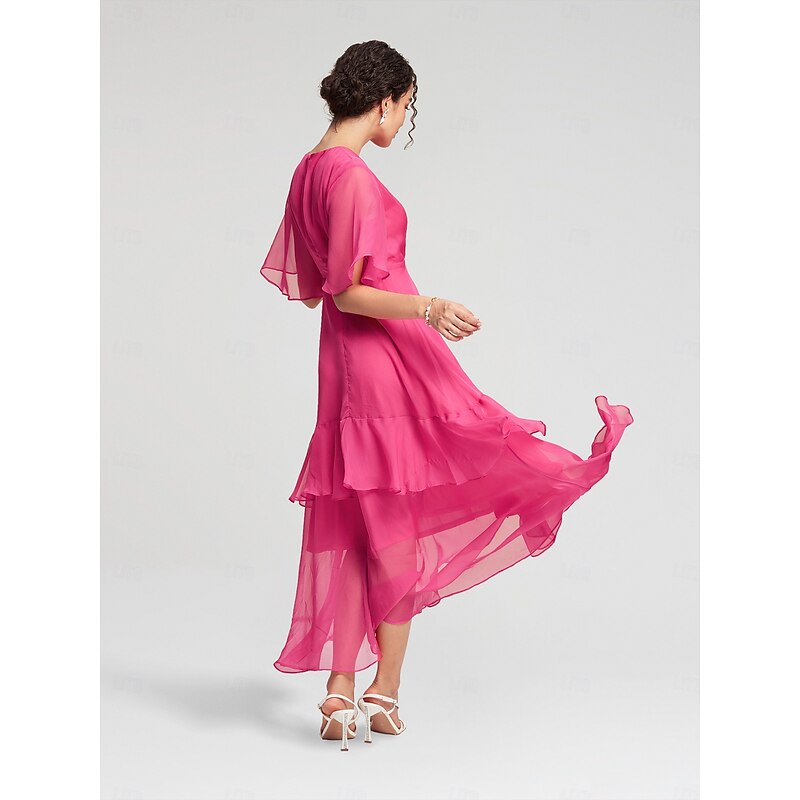 Pink Chiffon Wedding Guest/Party Solid Ruffle Sleeve Elegant Maxi Dress dress to impress 20242