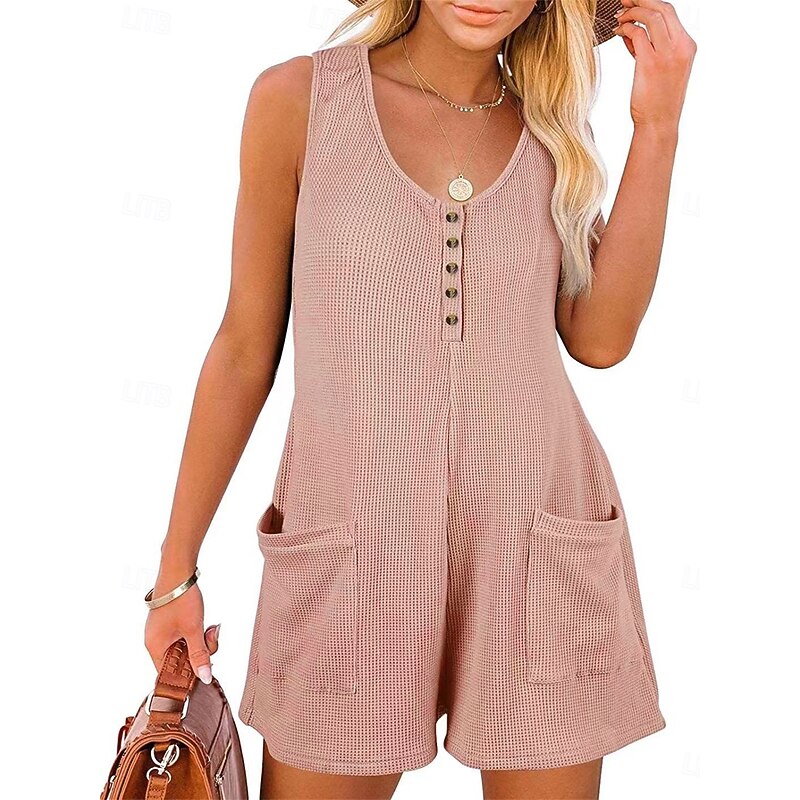 Women's Normal Romper Active Solid Color Sleeveless V Neck Buttons Pocket Vacation Daily Regular Fit Black Pink Summer