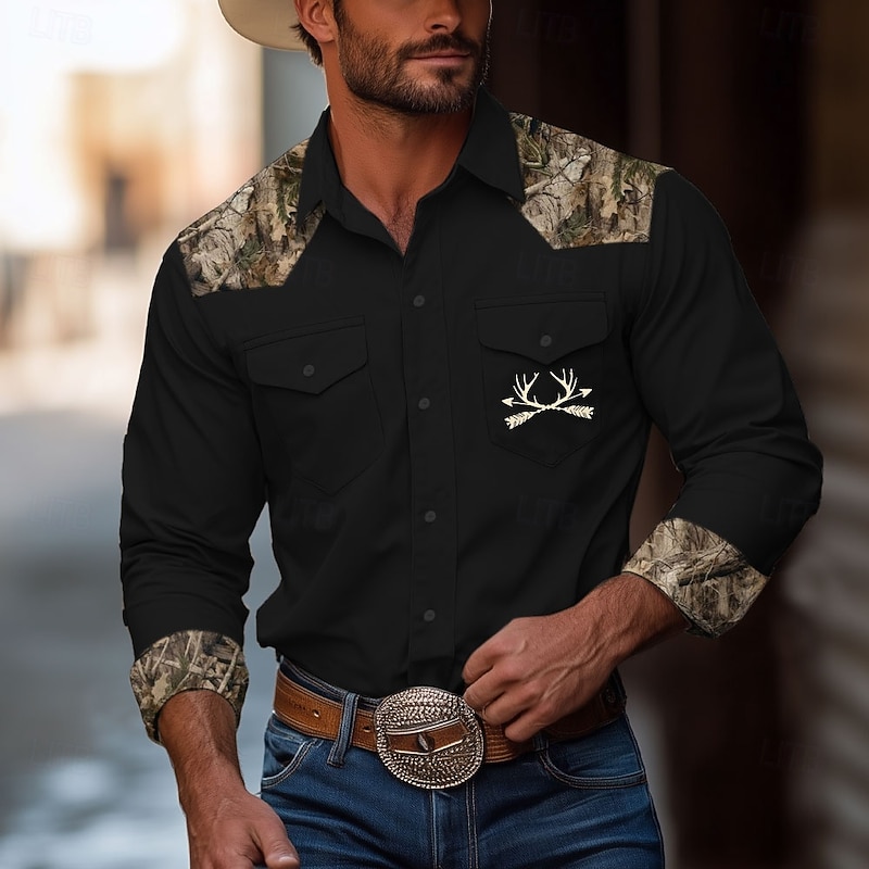 Men's Camouflage Western Shirt Long Sleeve Western Sports Outdoor Spring Fall Turndown Button Up 2 Pockets Black Brown Beige3