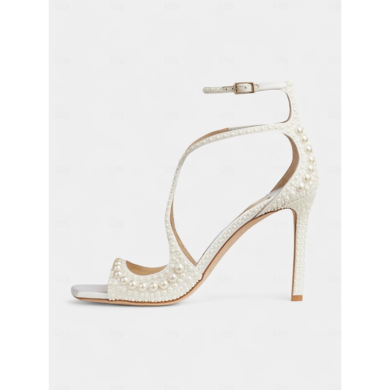White Pearl-Embellished Open-Toe Stiletto Sandals with Ankle Strap for Women - Elegant Bridal and Wedding Dance Shoes3