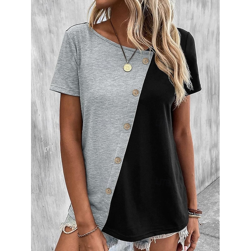 Women's T Shirt Casual Short Sleeve Asymmetric Neck Regular Tops Daily Buttons Black and White Black and gray Summer3