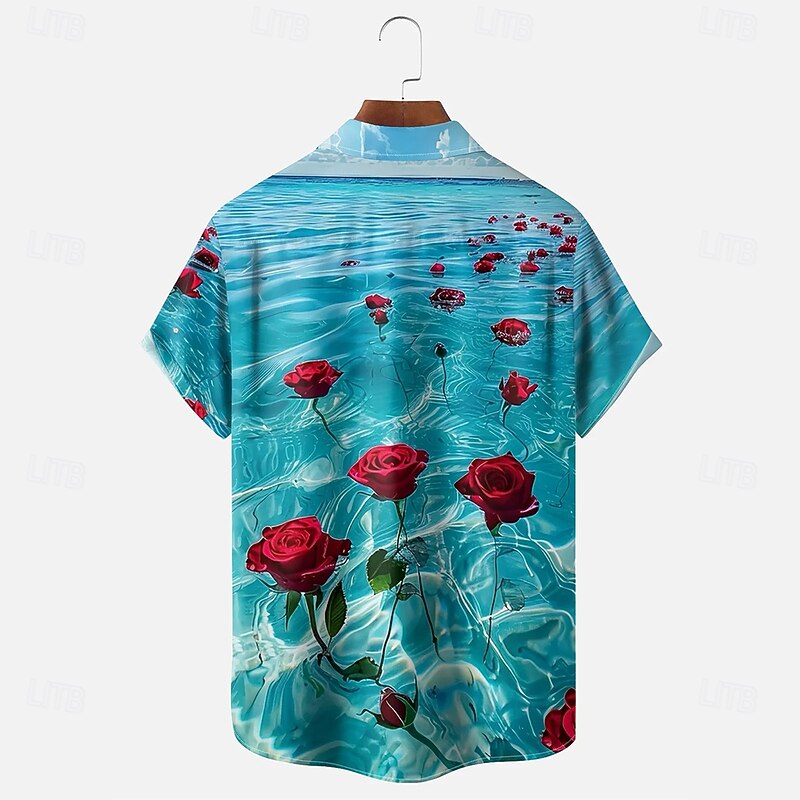 Men's Rose Ocean Floral Print Summer Hawaiian Shirt Button Up Shirt Short Sleeve Hawaiian Resort Vacation Holiday Beach Wear Summer Spring Turndown Collared Shirts Blue2