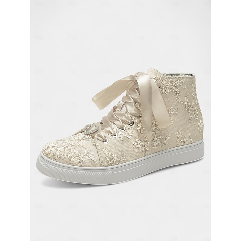 Women's Ivory Lace Wedding Sneakers with Satin Ribbon Laces and Rhinestone Heart Charm – Comfortable Bridal Shoes for Weddings2