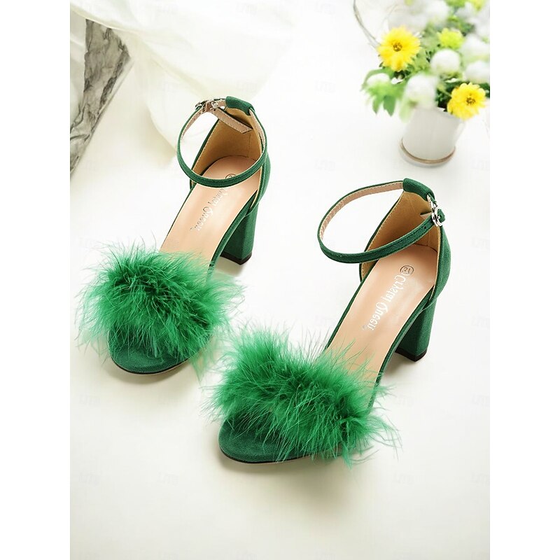 Feather-Embellished Block Heel Wedding Sandals for Women – Elegant Bridal Party Shoes with Ankle Strap