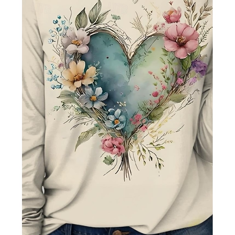 Valentine's Day Women's T shirt Crew Neck Long Sleeve Tunic Heart Casual  Regular Tops Daily Print Black White Green off-white Beige Spring Fall3