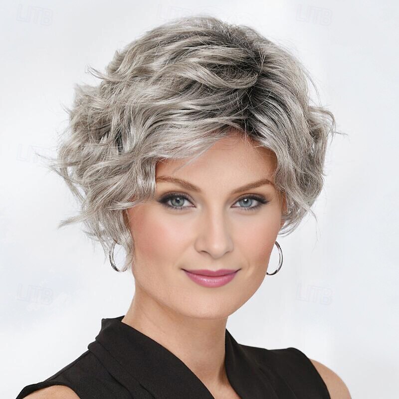 Grey Sliver Wig Women's Fashion Synthetic Hair Short Wigs Curly Wig Fluffy Natural Synthetic Wigs for Daily Party Use