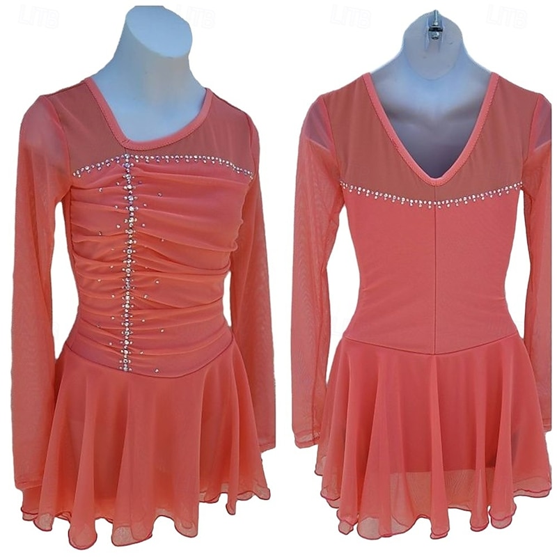Figure Skating Dress Women's Girls' Ice Skating Dress Orange Patchwork Open Back Mesh Spandex Stretchy Training Practice Professional Skating Wear Crystal / Rhinestone Long Sleeve Figure Skating3