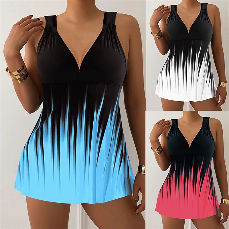 Women's Tankini Two Piece Swimsuit Deep V Swimwear Swimwear White Blue Breathable Quick Dry Lightweight Sleeveless - Swimming Surfing Beach Summer Spring