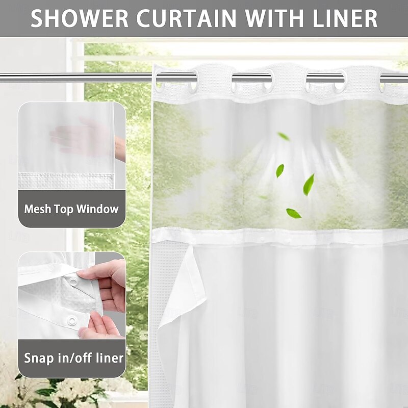 Waffle-Weave Textured Shower Curtain Set with Snap-in Liner and Sheer Window Water-Repellent Polyester Blend Fabric,Grommet Top,120GSM Hotel Quality Spa Style Bathroom Partition No Hooks Required4