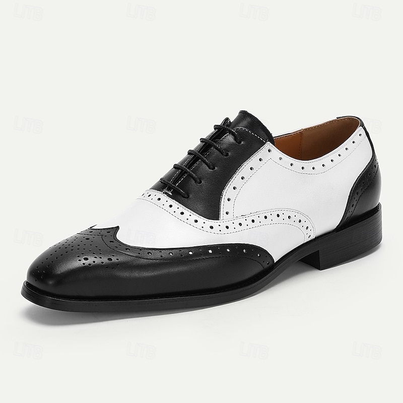 Men's Black and White Wingtip Oxford Shoes – Premium Cowhide Leather, Brogue Detailing, Classic Formal Style, Perfect for Weddings and Business Attire2