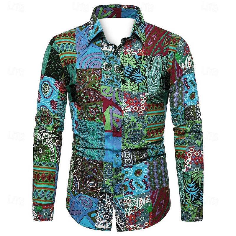 Men's Geometric Shirt Boho Shirt Button Up Shirt Long Sleeve Designer Boho Party Collar Shirt Collar Print Black Pink Purple Green4