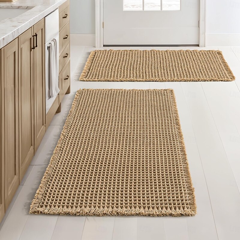 Waffle Bathroom Rugs, Boho Bath Rugs Non Slip Washable, Super Absorbent Bath Mats, Ultra Soft Rubber Backed Shower Mats for Bathroom Floor, Tub and Shower, Brown