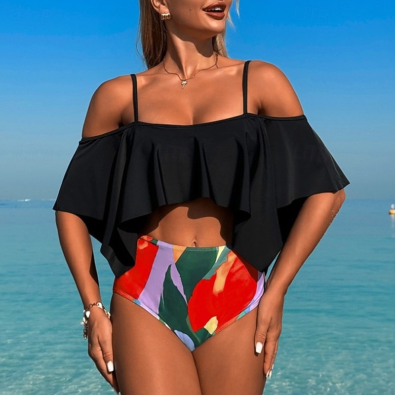 Women's Tankini Two Piece Swimsuit Ruffle Swimwear Swimwear Black Brown Breathable Quick Dry Lightweight Sleeveless - Swimming Surfing Beach Summer Spring3