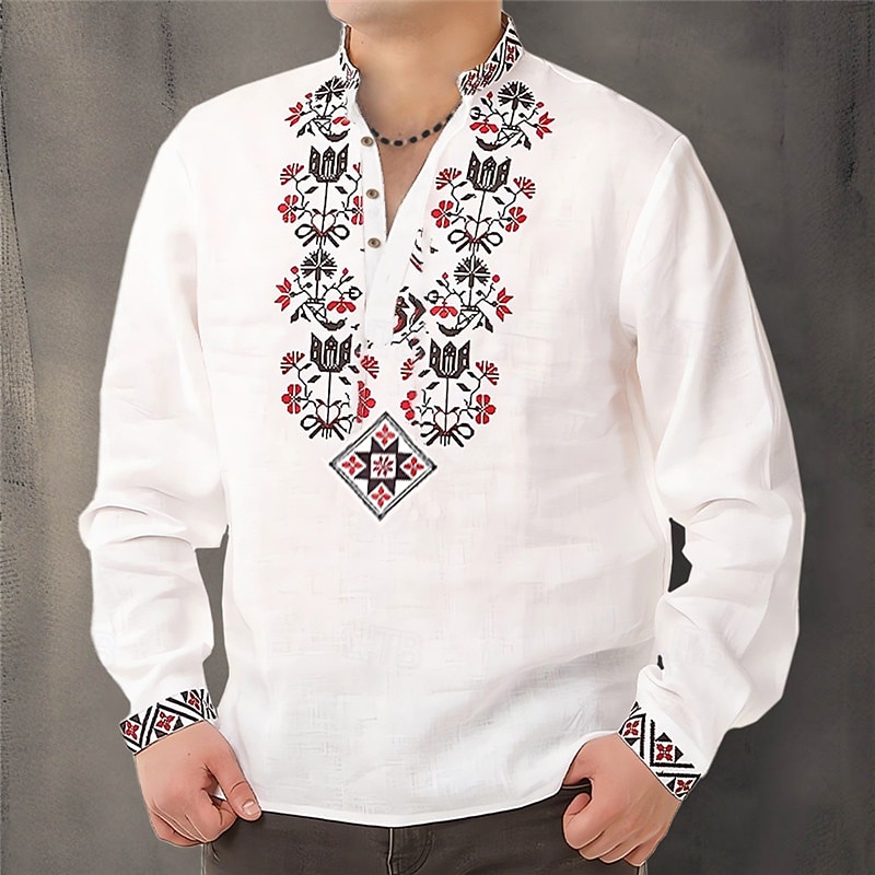 Men's Floral Ethnic Shirt Button Up Shirt Long Sleeve Fashion Streetwear Designer Outdoor Casual Daily Summer Spring Fall Stand Collar Print Red Blue Green Gray