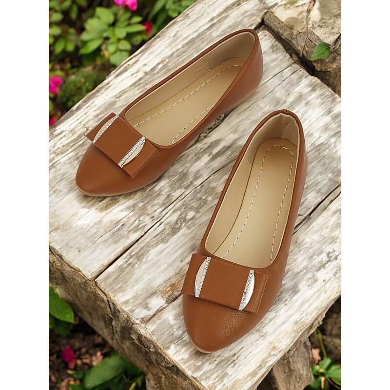 Women's Brown Faux Leather Pointed-Toe Flats with Bow and Rhinestone Detailing - Casual and Office Wear Shoes