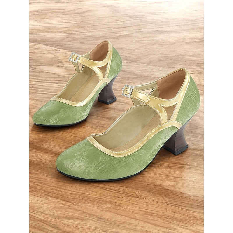 Women's Green and Gold Vintage 1930s Style Mary Jane Heels with Rhinestone Buckle, Comfortable Mid-Heel, Perfect for Formal Events and Retro-Themed Parties4