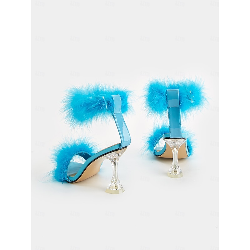 Turquoise Feather-Embellished High Heel Sandals with Clear Stiletto Heel for Women – Perfect for Parties and Special Events4