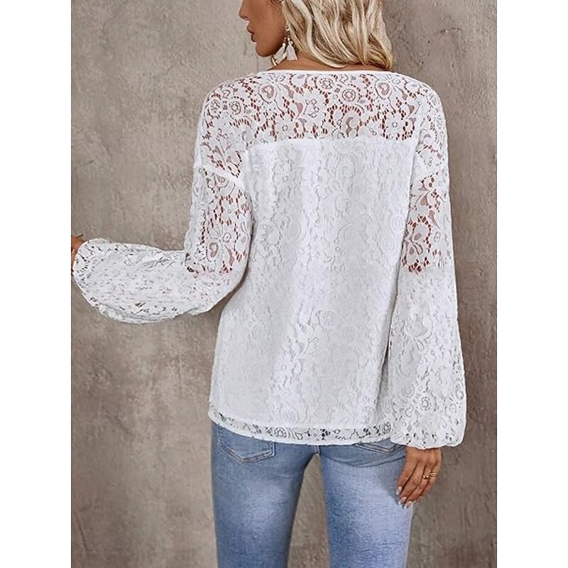 Women's White Elegant Lace Tops Eyelet Blouse Casual Solid Color Regular Tops Long Sleeve V Neck Lace Patchwork Regular Fit Daily Romantic Petite Tops Summer Holiday Wear White Red2