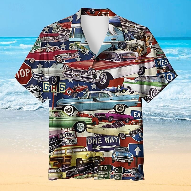 Men's Car Vintage Shirt Summer Hawaiian Shirt Aloha Shirt Short Sleeve Shirt Turndown Tropical Fashion Hawaiian Casual Hawaiian Holiday Black Yellow Red S M L2