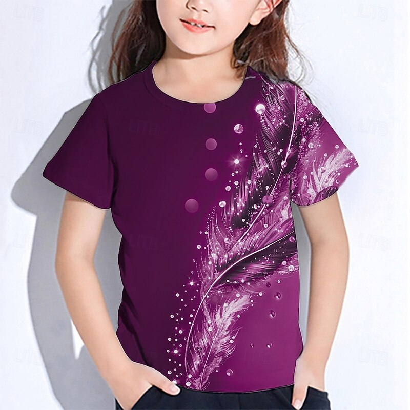 Girls' 3D Graphic Feathers T shirt Tee Short Sleeve Summer Spring Fashion Basic Kids 4-12 Years Crew Neck Outdoor Casual Daily Regular Fit2