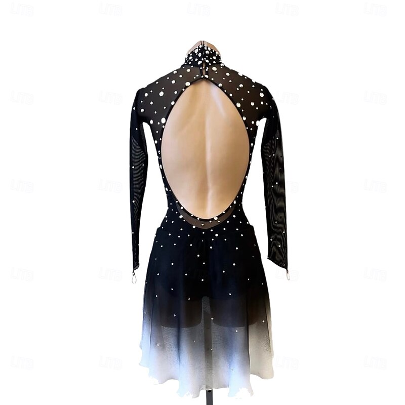 Figure Skating Dress Women's Girls' Ice Skating Dress Black Thumbhole Halo Dyeing High Elasticity Professional Competition Skating Wear Thermal Warm Crystal / Rhinestone Long Sleeve Ice Skating3