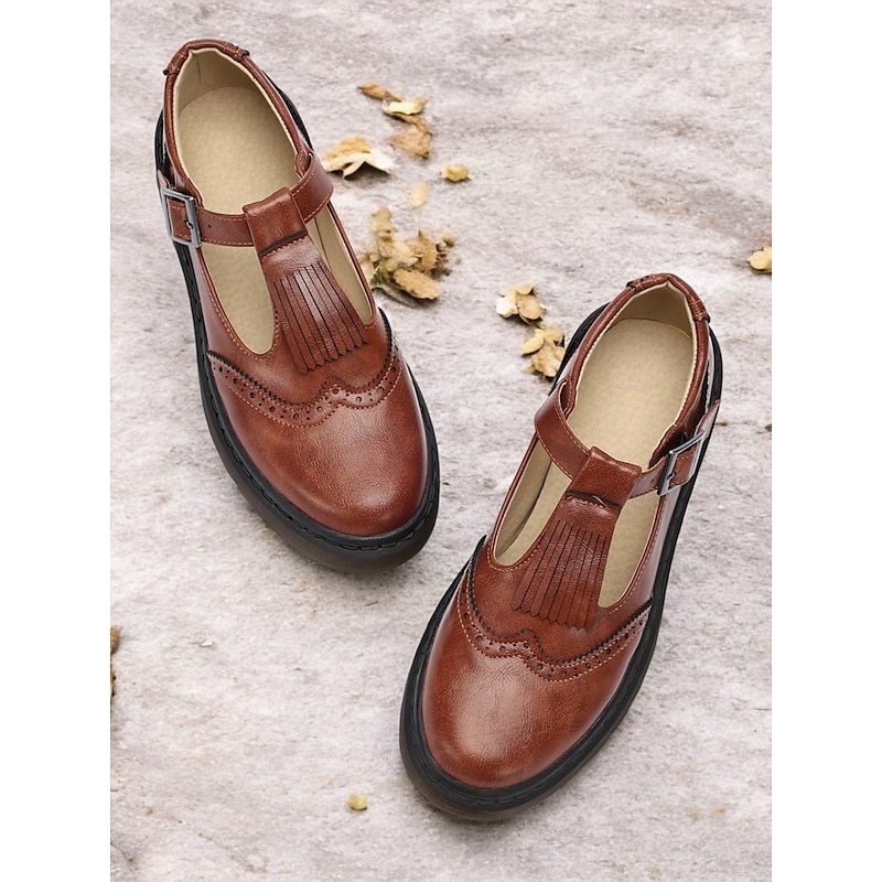 Women's Brown T-Strap Mary Jane Shoes with Brogue Detailing and Chunky Sole - Vintage Style Flats for Casual and Everyday Wear