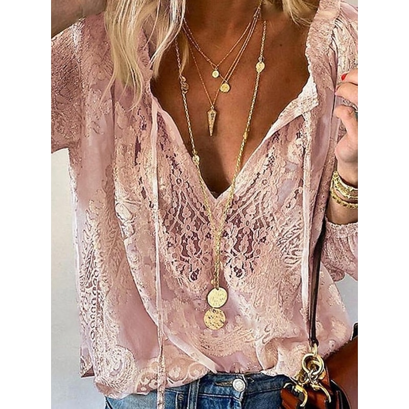 Women's Shirt Boho Shirt Blouse Solid Color Stylish Casual Long Sleeve V Neck Regular Tops Daily Lace Patchwork Black White Pink Beige Summer Spring4