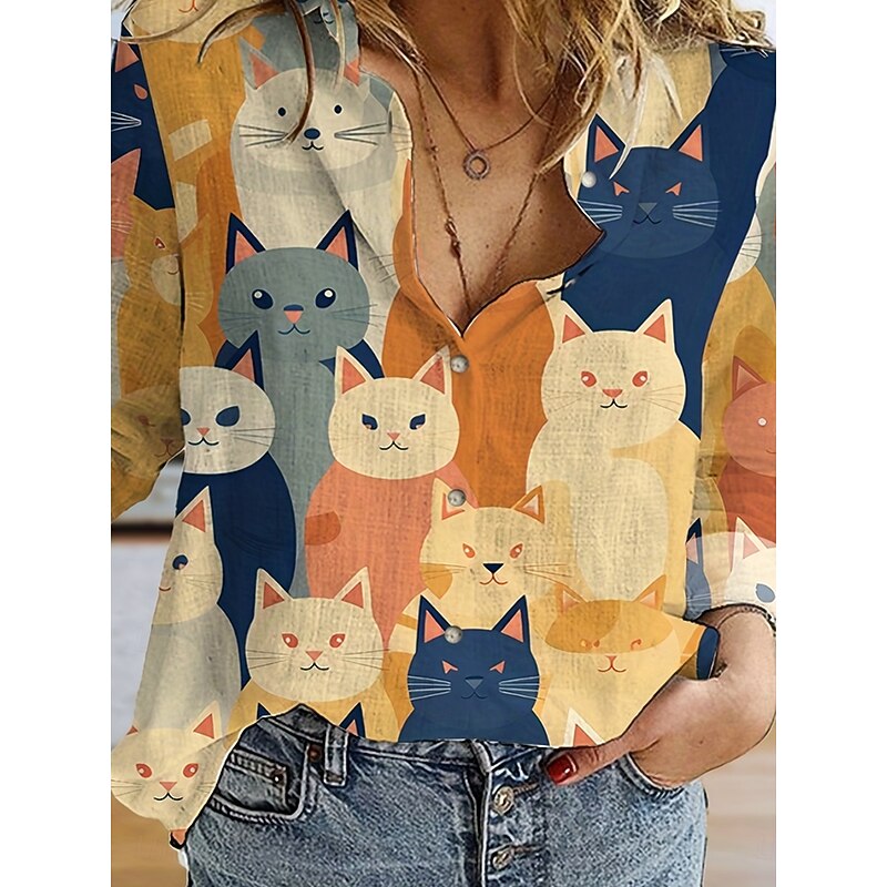 Women's Shirt Button Down Tunic Shirt Collar Long Sleeve Graphic Cat Daily Stylish Long Tops Daily s Print Yellow Spring3