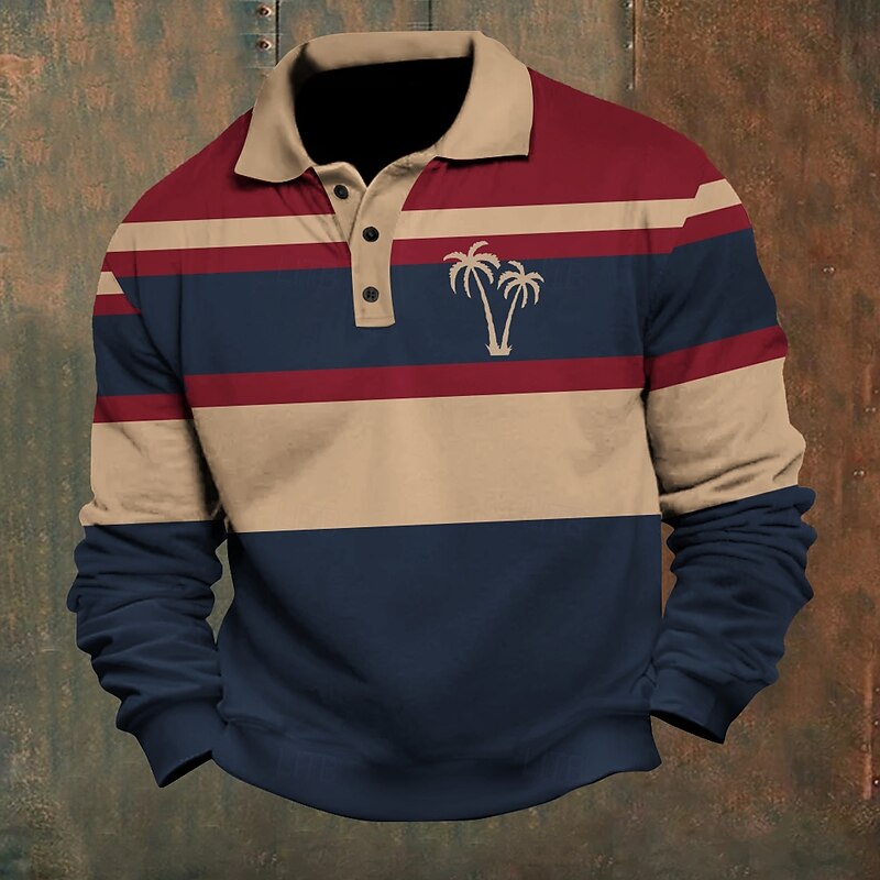 Men's Stripes Horizontal Stripes Rugby Polo Cable Knit Polo Long Sleeve Polo Shirts Collared Shirts Casual Outdoor Athleisure 3D Print Spring Fall Winter Blue