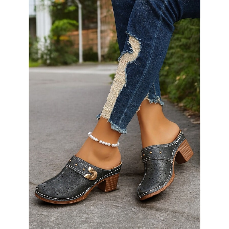 Women's Floral Perforated Mules with Block Heel and Studded Details - Comfortable Slip-On Clogs for Casual Outings and Spring Fashion4