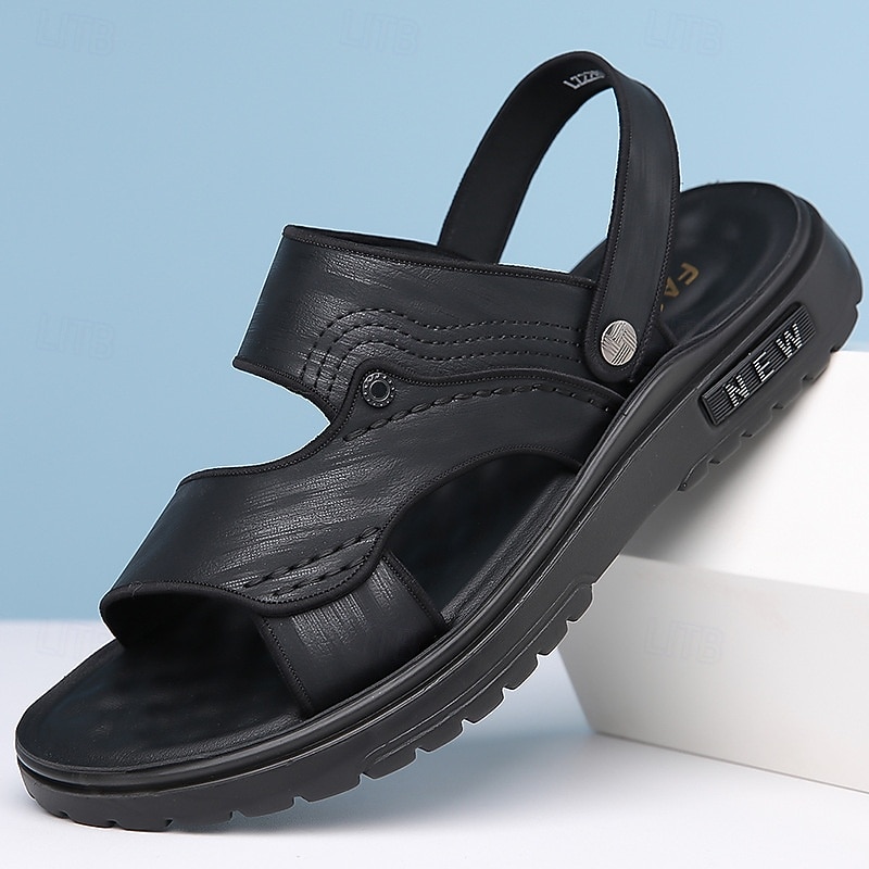 Men's Comfortable Brown Faux Leather Sandals - Open-Toe Casual Summer Footwear with Adjustable Straps for Outdoor and Everyday Use - Main Image