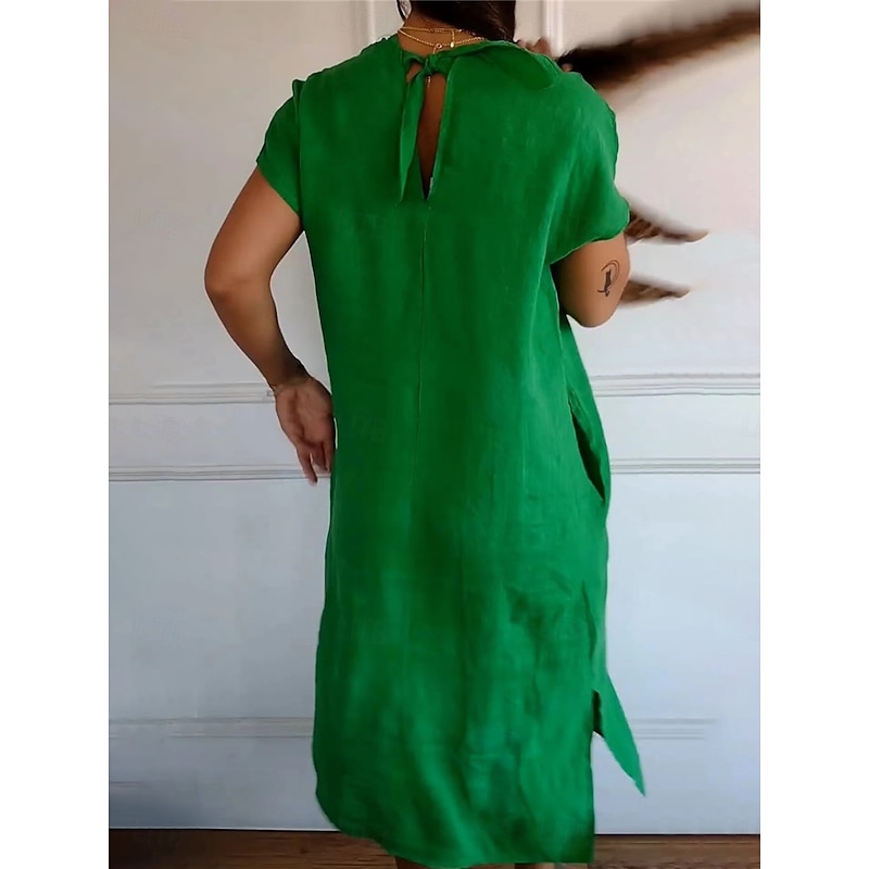 Women's Midi Dress Cotton Linen Dresses Casual Dress Basic Casual Vacation Daily Regular Fit Solid Color Short Sleeve V Neck Black Green Summer2