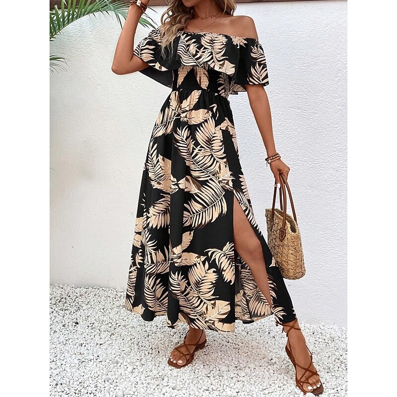Women's Maxi Dress Casual Dress A Line Dress Stylish Casual Vacation Daily Regular Fit Leaf Short Sleeve Off Shoulder Black Summer