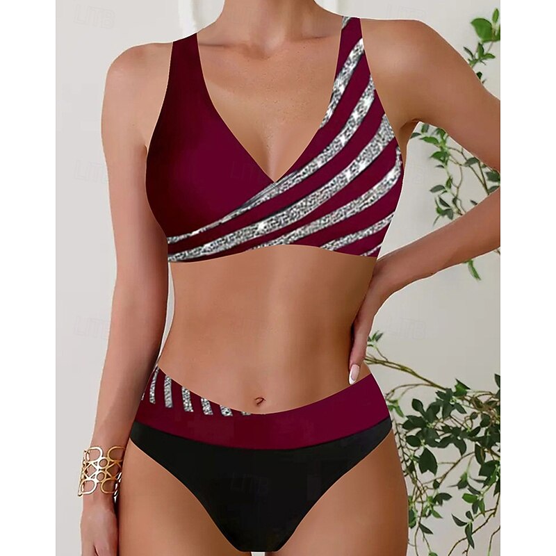 Women's Tankini Two Piece Swimsuit V Neck Swimwear Stripes Swimwear Black Wine Breathable Quick Dry Lightweight Sleeveless - Swimming Surfing Beach Summer Spring4