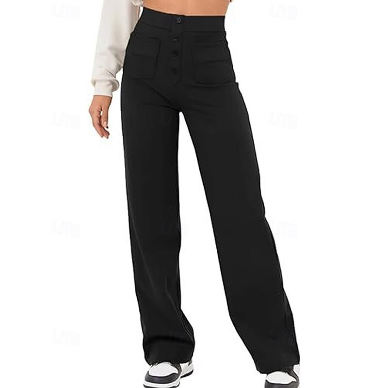 Women's Wide Leg Linen Pants Pants Trousers Lightweight Casual Full Length Mid Rise Plain Pocket Breathability Comfortable Inelastic Home Casual Daily Azure Navy Black Green Summer Spring Regular Fit4