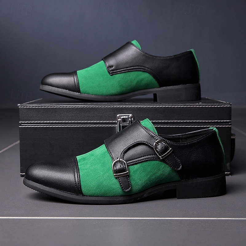 Men's Green and Black Suede Double Monk Strap Shoes – Stylish Faux Leather Formal Dress Shoes for Weddings and Business Occasions4