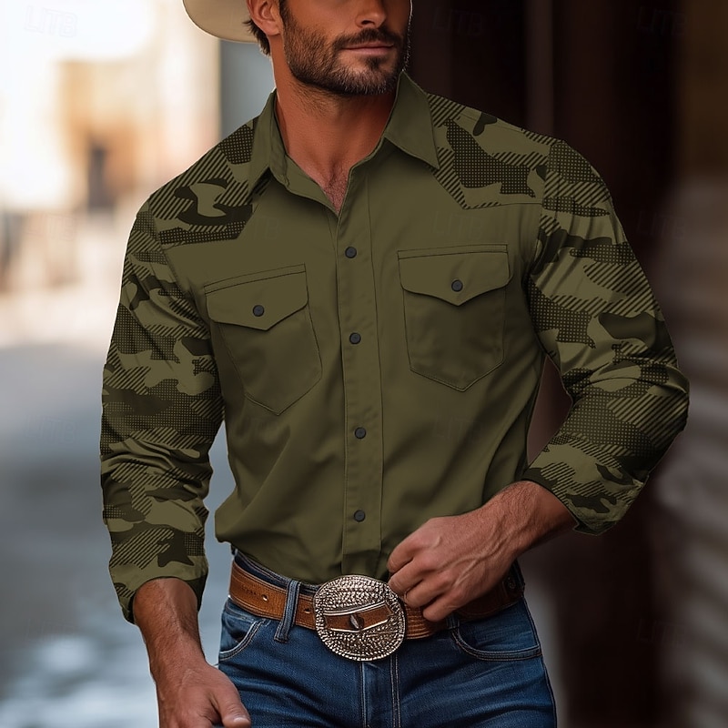 Men's Camouflage Western Shirt Long Sleeve Western Sports Outdoor Spring Fall Turndown Button Up 2 Pockets White Blue Brown Green4