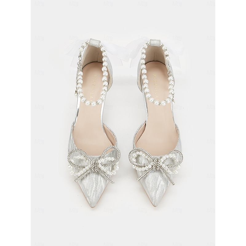 Silver Glitter Pointed-Toe Kitten Heels with Pearl Anklet and Bow Accents for Women - Stunning Wedding Shoes4