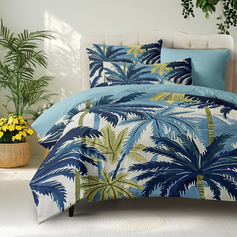 Summer Palm Leaves Duvet Cover Set Cotton Tropical Plants Pattern Set Soft 3-Piece Luxury Bedding Set Home Decor Gift Twin Full King Queen Size Duvet Cover