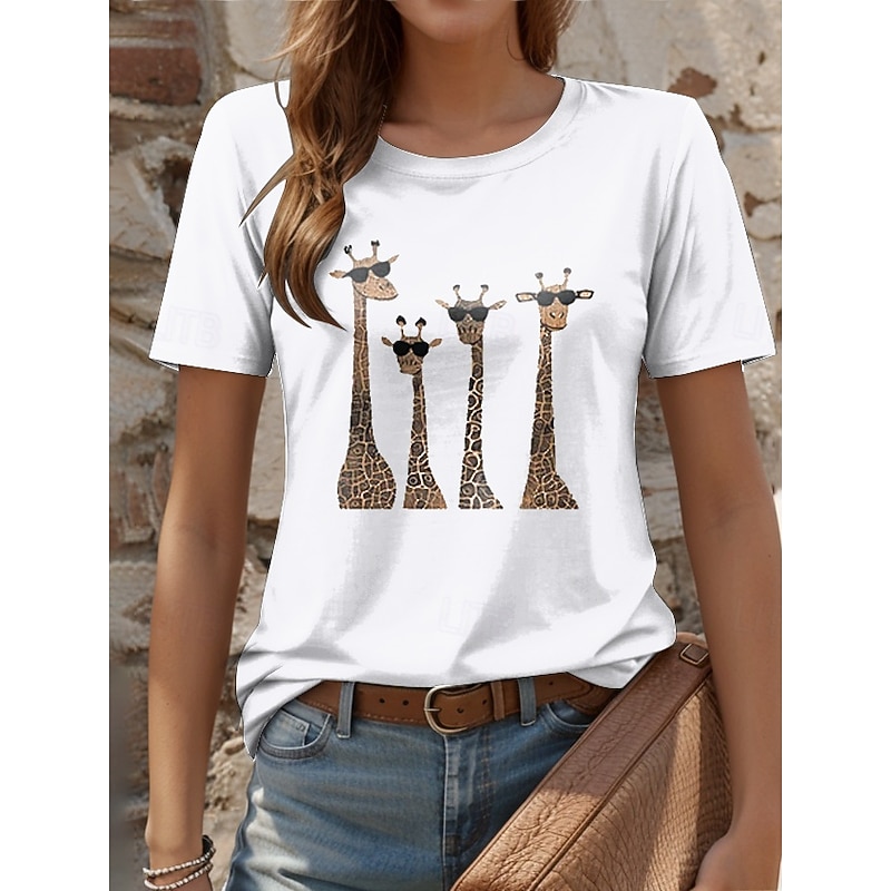 Women's T Shirt Cotton Shirt Animal Letter Casual Short Sleeve Round Neck Regular Tops Daily Print White Summer3