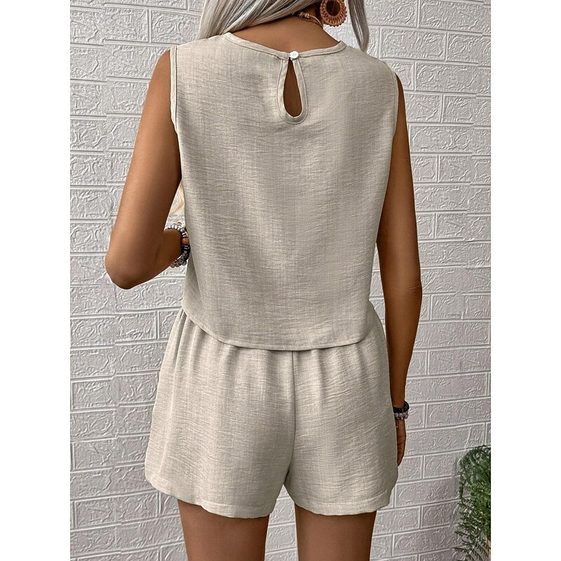 Women's Daily Basic Tank Top Baggy Shorts Sleeveless Crew Neck Plain Casual Daily Green Beige Summer Regular Fit2