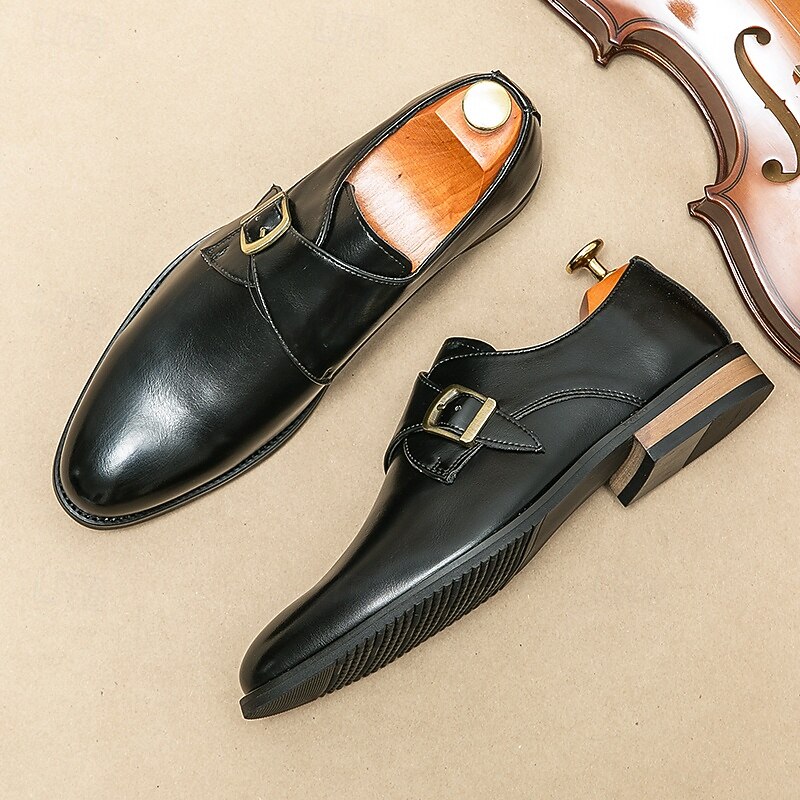 Men's Black Faux Leather Monk Strap Shoes - Classic Buckle Design for Formal Events and Office Wear4