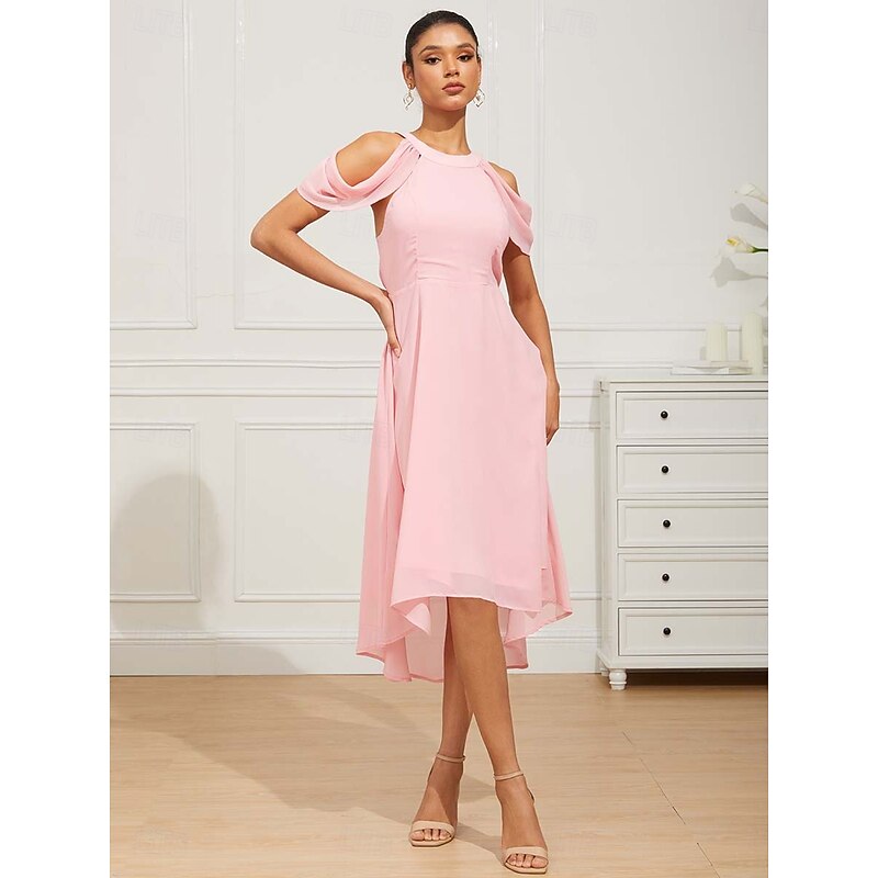 Women's Tea Length Chiffon Dress Elegant Formal Flutter Sleeve Wedding Guest Cocktail Party Regular Fit 3/4 Length Sleeve Halter Neck Pink Summer Spring2