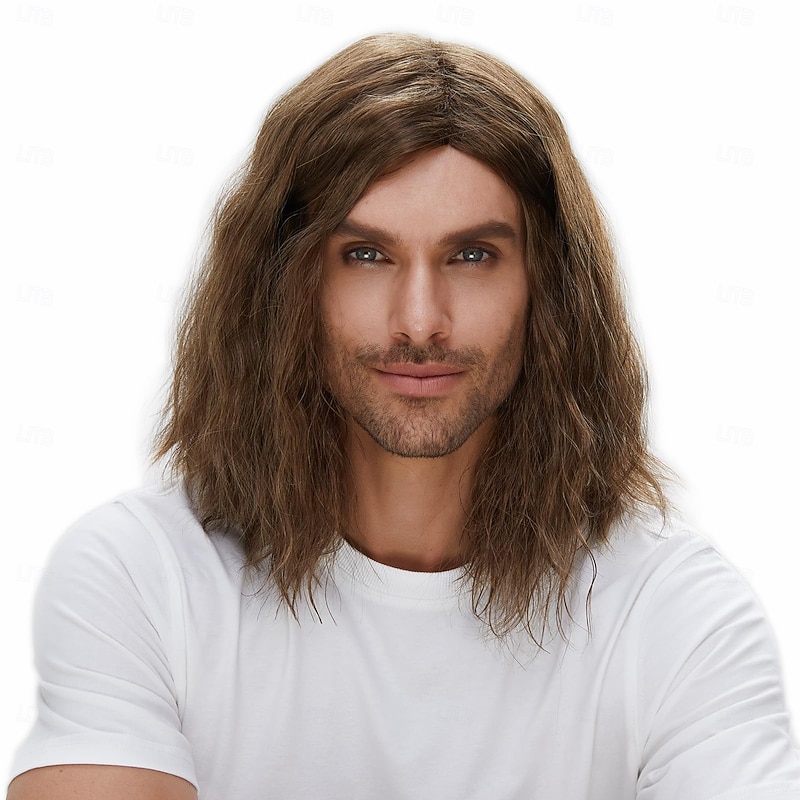 Mens Brown Wig Wavy Mid Length Synthetic Hair for Male Cosplay Winter Soldier Costume