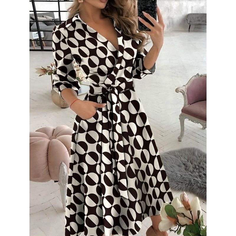 Women's Midi Dress Casual Dress A Line Dress Stylish Casual Vacation Daily Regular Fit Graphic Geometric 3/4 Length Sleeve V Neck Black White Blue Green Summer4