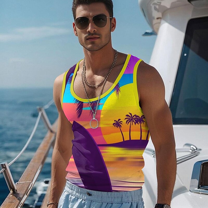 Men's Coconut Palm T Shirt Vest Top Sleeveless T shirt 3D Print Crew Neck Shirt Vacation Casual Hawaiian Holiday Yellow Summer Spring Clothing Apparel S M L XL XXL XXXL2