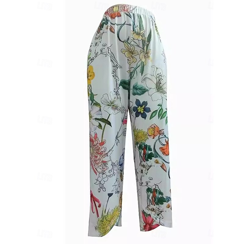 Women's Chinos Vacation Vintage Calf-Length High Waist Floral Pocket Elastic Waistband Comfy Soft Comfortable Micro-elastic Outdoor Vacation White Summer Loose Fit2